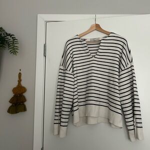 LOFT 100% cotton v-neck black and white striped sweater